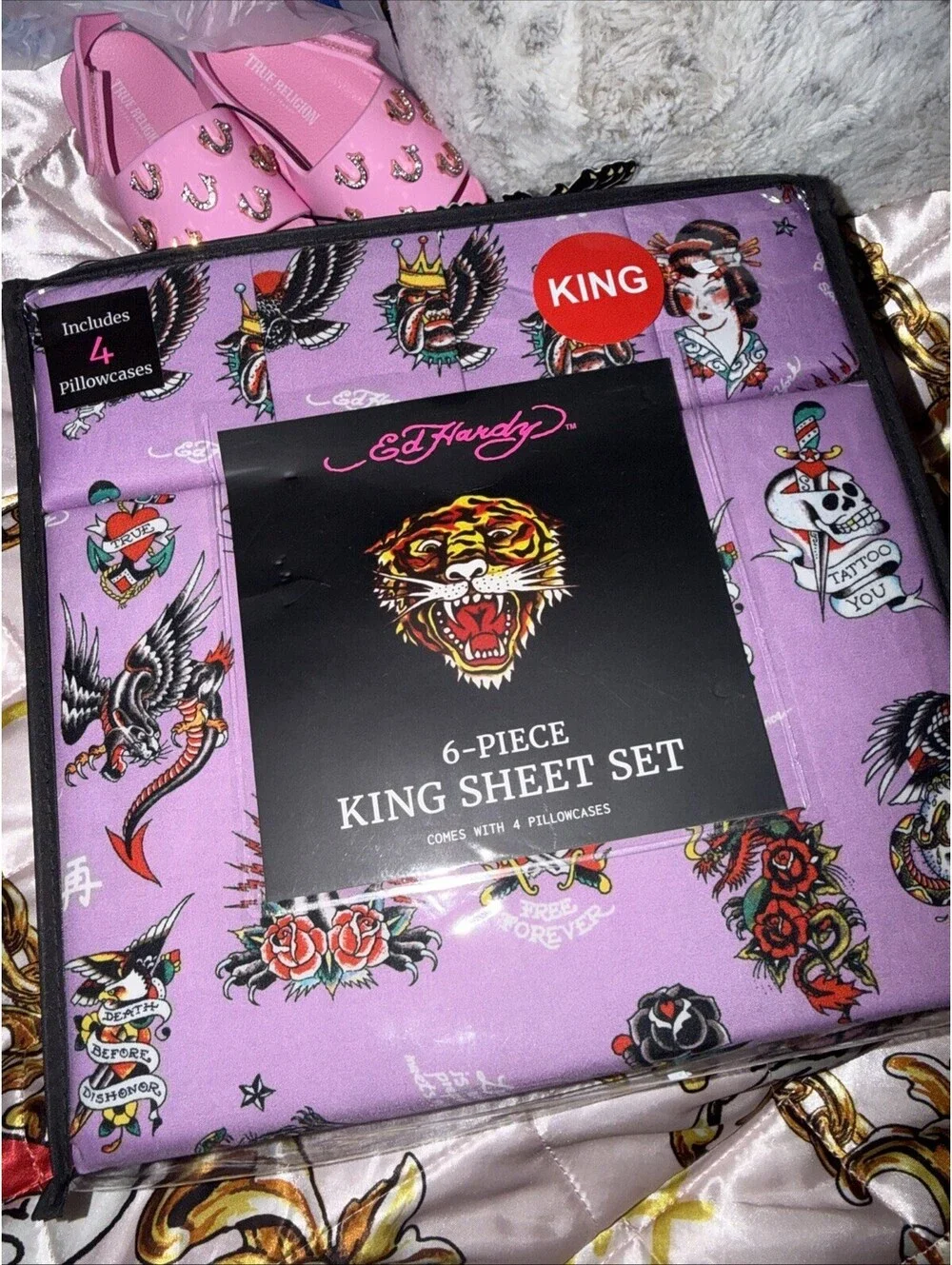 Ed Hardy King Sheet Set 6 Pc Purple Tattoo Collage Skull Bird Dragon Bedding New